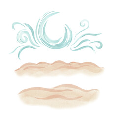 Sea wave, sand, ocean water, surf, abstract brush strokes, beach decoration, pastel colors on white background. Set of isolated objects. Hand drawn watercolor illustration