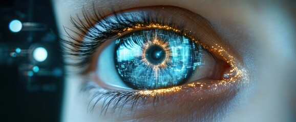 Close-up of a human eye with glowing digital circuitry and light patterns reflecting in the iris, conveying technology and futuristic vision