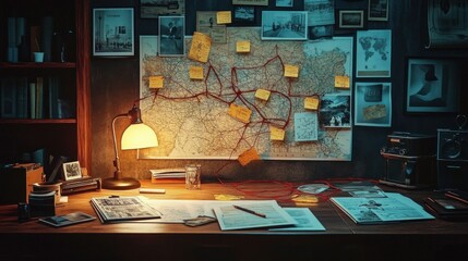Cozy dimly lit detective or investigation desk with map covered in red string and yellow notes surrounded by photos and documents under a warm desk lamp