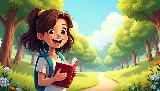 Illustration of cheerful cartoon girl with backpack holding a book on sunny path in vibrant park background, back to school or national reading day concept - Powered by Adobe