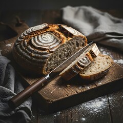 Artisan Sourdough Bread A Culinary Masterpiece of Homemade Freshness and Rustic Charm A Beautiful Loaf on a Wooden Board AI Generated