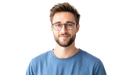 Fototapeta premium A young man with glasses smiles confidently at the camera. showcasing a casual blue t-shirt against a clean white background. ideal for personal branding or lifestyle imagery