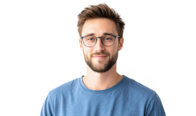 A young man with glasses smiles confidently at the camera. showcasing a casual blue t-shirt against a clean white background. ideal for personal branding or lifestyle imagery