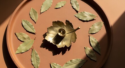 Aesthetic Arrangement of Dried Bay Leaves with Candle Holder and Decorative Plate Natural Light Photography