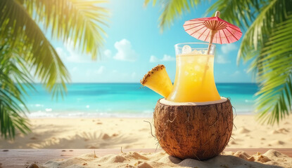 Obraz premium Tropical Paradise Cocktail on a Sandy Beach