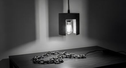 Artistic Monochrome Composition Featuring a Hanging Lightbulb Chain on a Table Creates a Minimalist and Thought Provoking Ai Generated Aesthetic