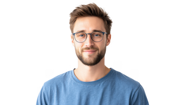 A young man with glasses smiles confidently at the camera. showcasing a casual blue t-shirt against a clean white background. ideal for personal branding or lifestyle imagery