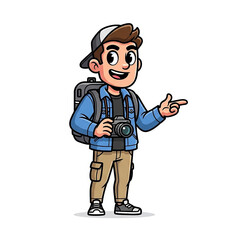 Obraz premium Adventure Photographer Cartoon Illustration of a Young Man with Camera and Backpack