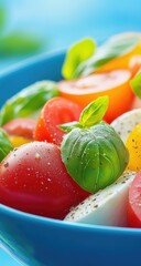 Colorful salad with sliced tomatoes, mozzarella, and basil in a blue bowl