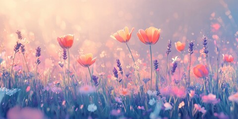 Pastel field of wildflowers bathed in soft sunlight