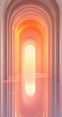 A warm, peachy-orange arched tunnel. Sunlight streams through a central archway