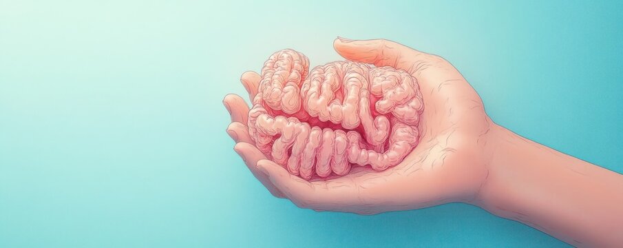Close-up of a human hand gently holding a small, detailed brain model against a soft turquoise background conveying care and delicacy