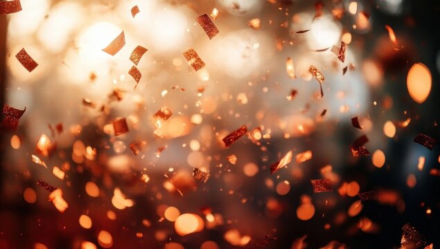 Orange confetti falling with sparkling bokeh lights creating a festive and celebratory atmosphere
