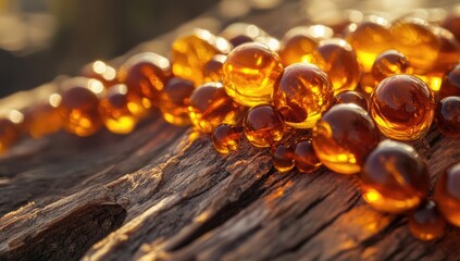 Amber beads clustered on weathered wood