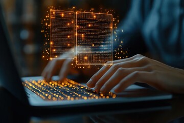 Hands typing on laptop keyboard with glowing futuristic digital code and holographic data screens floating above, representing technology and coding