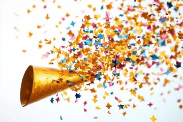 golden party popper exploding with colorful star and diamond shaped confetti against white background conveying celebration and joy