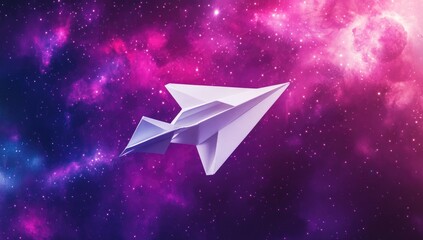 Paper airplane in vibrant cosmic nebula