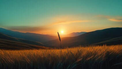 Golden wheat field at sunset, mountains in background