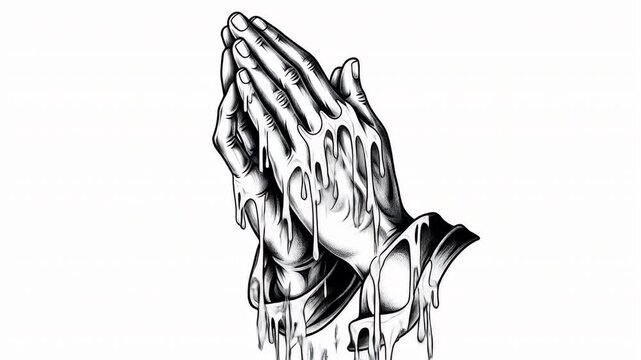 Grayscale illustration of melting hands in prayer detailed line work highlighting dripping effect digital art for commercial use