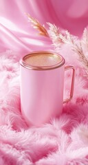 Pink insulated tumbler on pink faux fur