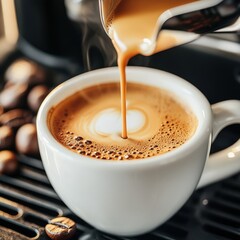 A skilled barista carefully pours a golden espresso shot into a white cup, showcasing a thick crema on top. Freshly ground coffee beans scatter around the machine, enhancing the cafe atmosphere