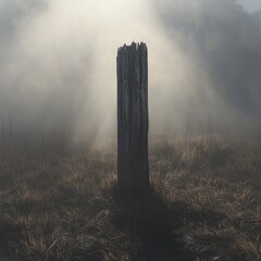 Foggy field, weathered post