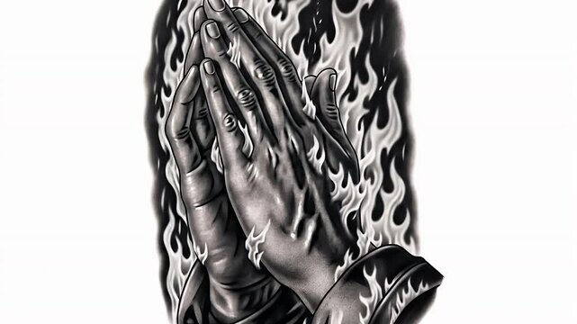 Grayscale prayer hands image with flame design detailed tattoo style graphic illustration for commercial or editorial use