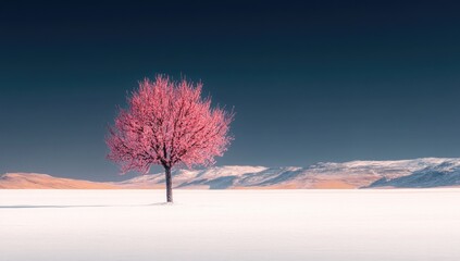 Solitary pink tree in a vast snowy landscape