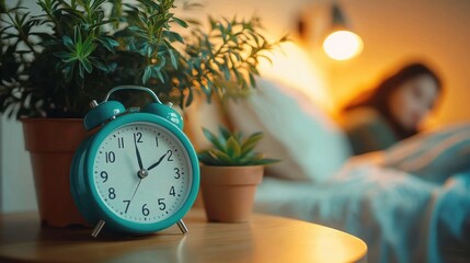 Close-up of a blue retro alarm clock showing 2:02 on a wooden bedside table with potted plants, a blurred person resting in bed, and a warm glowing lamp in the background