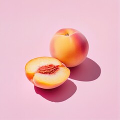 Two peaches, one whole, one halved, on pink background