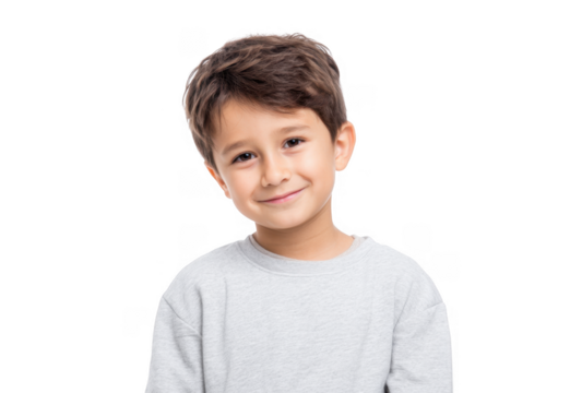 A cheerful young boy with short brown hair smiles warmly at the camera while wearing a light gray sweatshirt. set against a plain white background. perfect for family-oriented or children's content