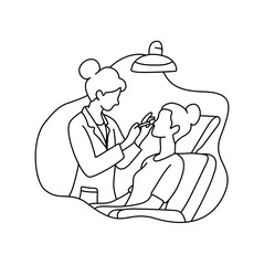 Line Art Illustration of Dentist Examining Patient Under Dental Lamp