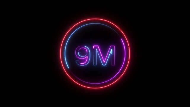 9 Millions Glowing neon line Letter Icon animation. 9M followers and subscribers on black background animation.