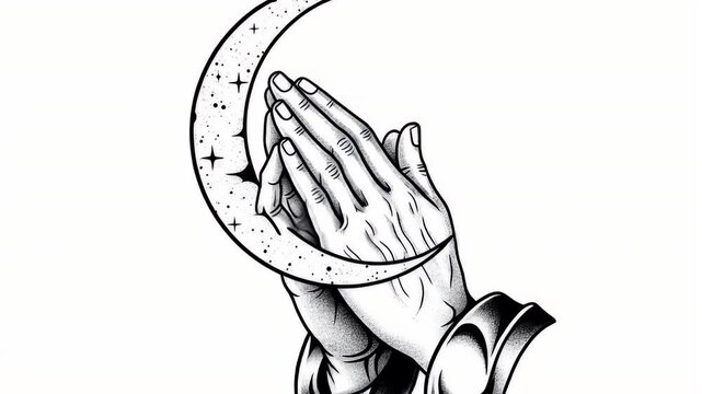 Grayscale praying hands image with crescent moon design