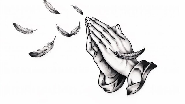 Grayscale praying hands image with floating feathers a detailed graphic tattoo design illustration