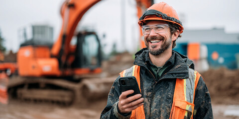 Cheerful construction worker using phone near excavator.