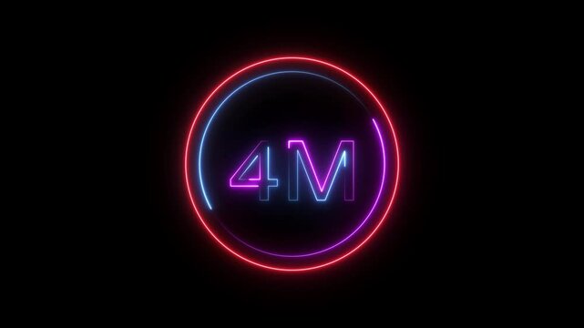 4 Millions Glowing neon line Letter Icon animation. 4M followers and subscribers on black background animation.