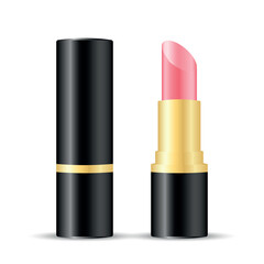 Open bright pink lipstick in black and gold tube, realistic vector cosmetic mockup for packaging