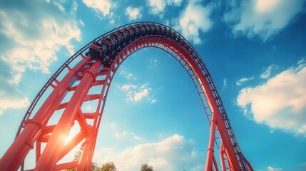 Obraz premium Red roller coaster with passengers going over a large loop under a bright blue sky with scattered clouds and sunlight