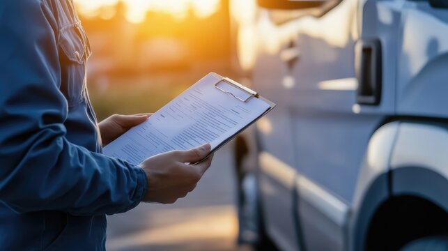 Truck driver reading documents at sunset: logistics and transportation industry