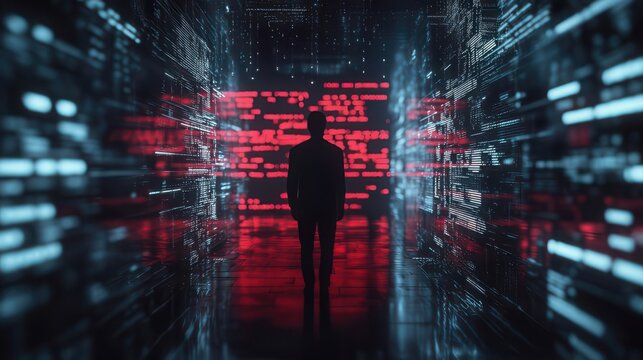 Businessman walking in digital corridor examining lines of code flowing on walls - Powered by Adobe