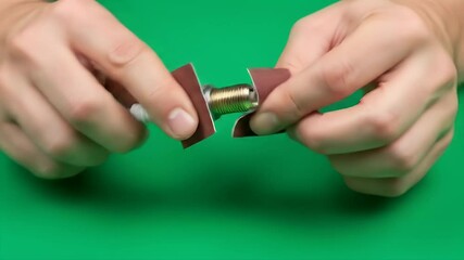 Hands carefully cleaning a spark plug with sandpaper close up view tutorial for car maintenance automotive repair guide spark plug repair car parts care and repair