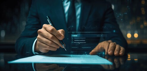 Businessman in suit signing a document with futuristic holographic digital interface overlay representing data and analytics on a reflective table