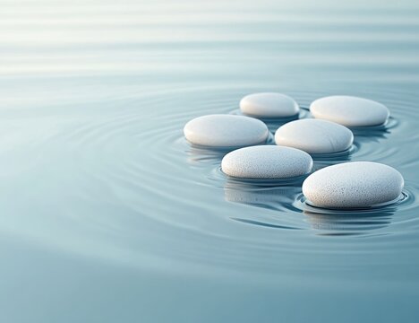 Smooth white stones float gently on rippling water