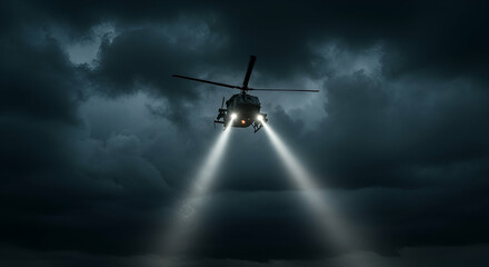 Helicopter Flying Through Stormy Night Sky