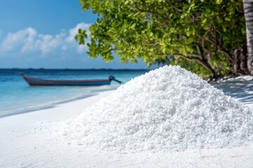 Photograph of a white sandy beach with trees and a boat on the left side, a clear blue sky. Maldives. --ar 3:2 --v 6.1 Job ID: f9c6d720-e5c1-464f-815f-ed43daef0014