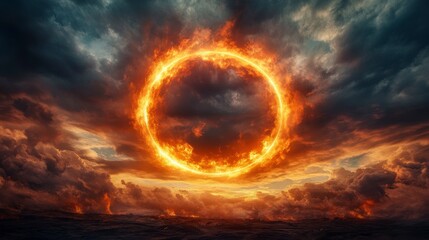 Fiery ring in a stormy sky, apocalyptic scene.