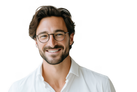 A smiling man with glasses in a white shirt poses confidently against a light background. exuding charm and approachability. ideal for personal branding or lifestyle content