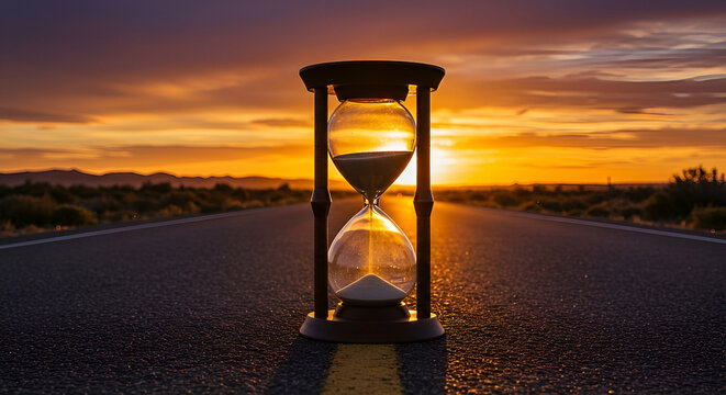 Hourglass on a Desert Road at Sunset