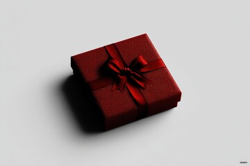 Red gift box with satin ribbon bow on plain background